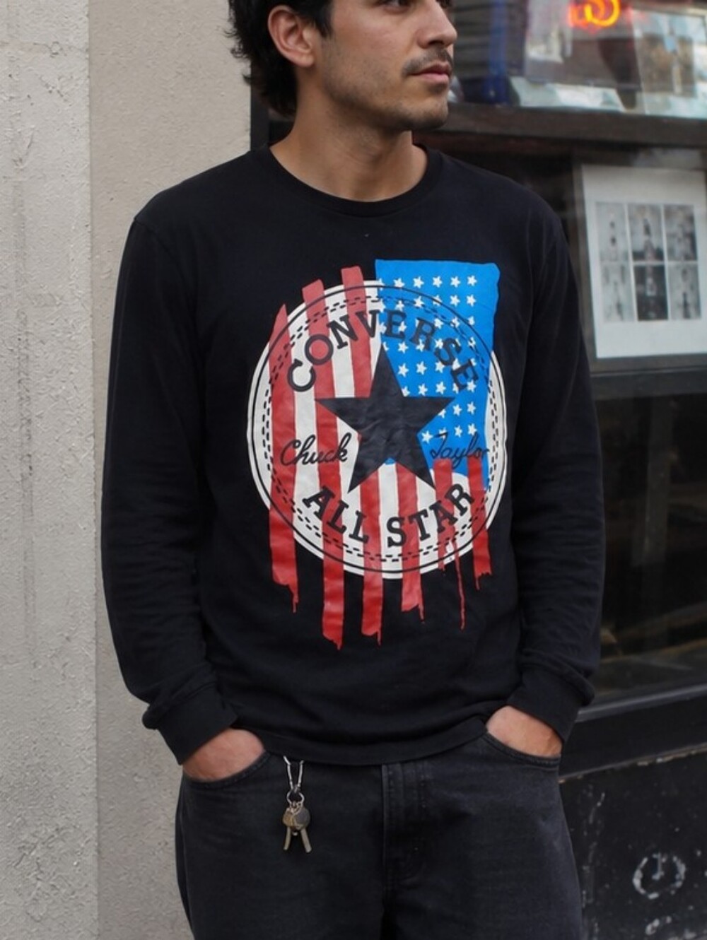 Converse All Star Long Sleeve Graphic T-Shirt Size S Black USA Flag 100 Cotton